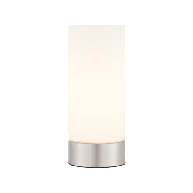 Endon Bracewell compact table lamp with brushed nickel base and matt opal glass cylindrical shade, shown against a plain white background.