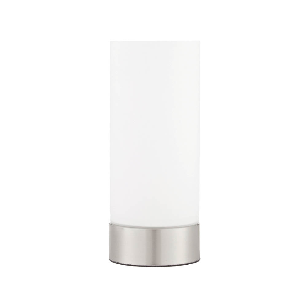 Endon Bracewell table lamp with a matt opal glass cylindrical shade and brushed nickel base, shown on a plain white background.