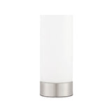 Endon Bracewell table lamp with a matt opal glass cylindrical shade and brushed nickel base, shown on a plain white background.