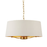 Endon Brendale 3 Light Pendant in gold and white, with a wide vintage white faux silk drum shade, gold metallic lining, and brass chain suspension.