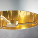 Close-up inside the Endon Brendale 3 Light Pendant showing three E14 lamp holders on brushed satin gold metalwork against the shade's metallic gold lining.