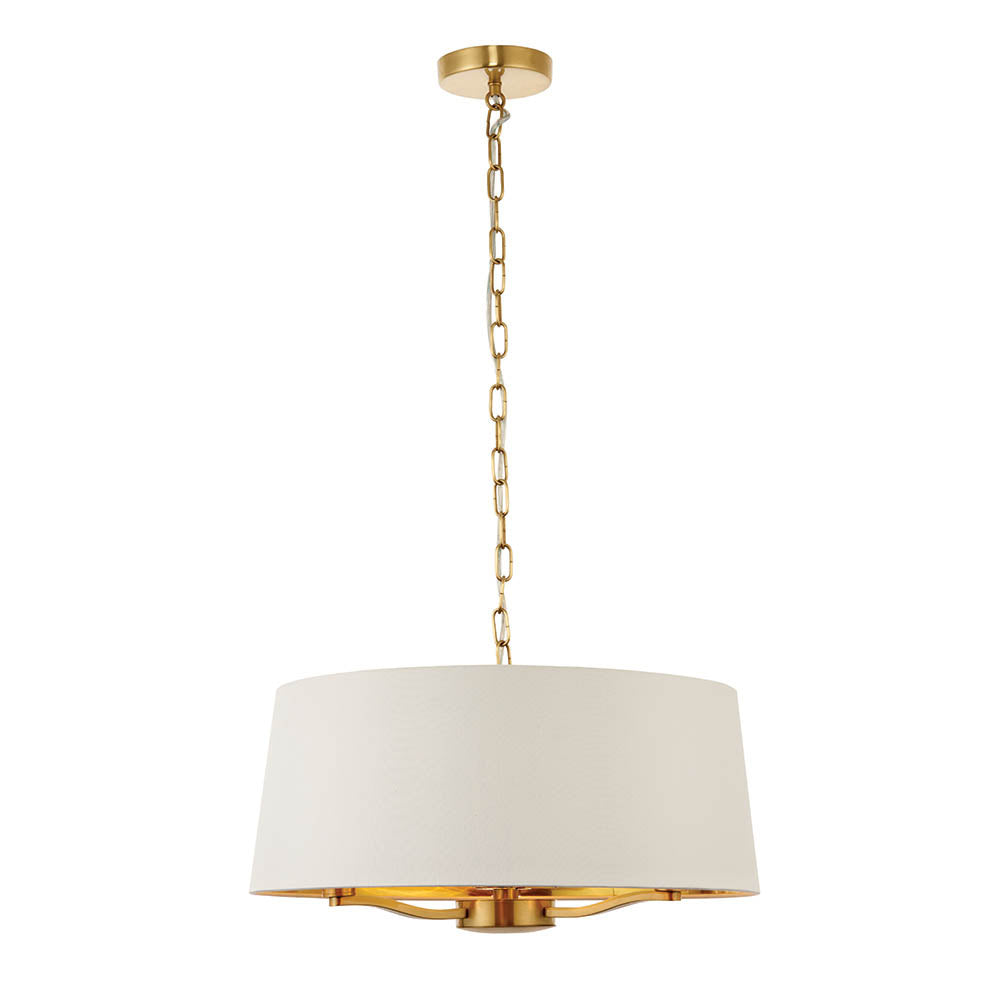 Endon Brendale 3 Light Pendant in gold and white with a round faux silk shade, brass chain suspension and E14 lamp holders on a white background.