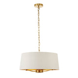Endon Brendale 3 Light Pendant in gold and white with a round faux silk shade, brass chain suspension and E14 lamp holders on a white background.