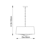 Dimension diagram of Endon Brendale 3 Light Pendant showing 30-150cm adjustable height and 50cm shade diameter on a white background.