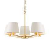 Brendale 5 Light Pendant in satin gold with tapered white faux silk shades and gold inner linings, adjustable chain drop, shown on a plain white background.