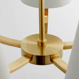 Close-up of the Brendale 5 Light Pendant's satin gold frame, showing central rod, curved arms, and white fabric shades against a plain background.