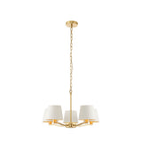 Brendale 5 Light Pendant in satin gold with white faux silk shades and gold inner lining, on a long chain suspension, plain white background.