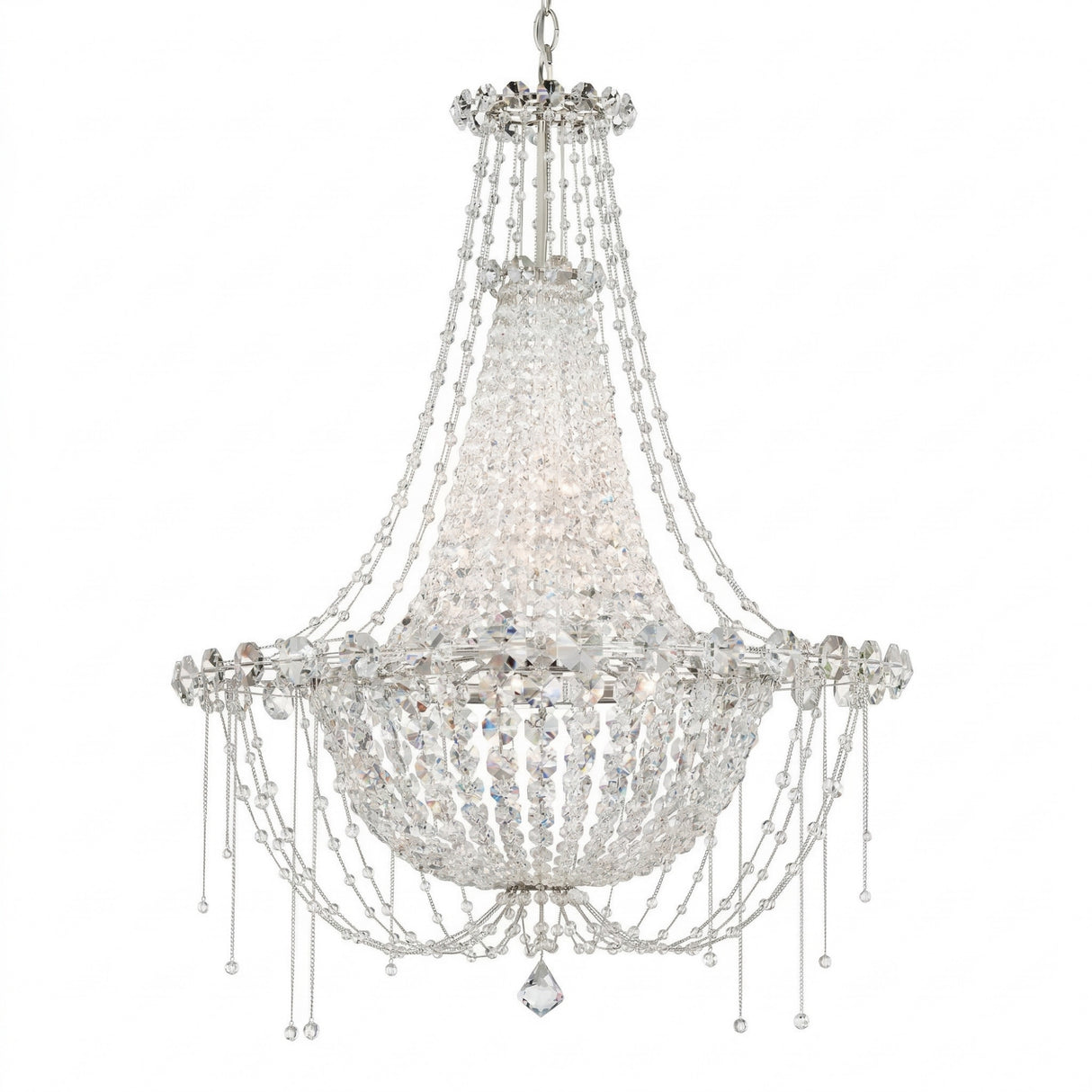 The Amara 6 Light K9 Crystal Large Chandelier in chrome features a teardrop-shaped center, cascading crystal strands, jeweled chains, and a radiant round base for an elegant sparkling display.