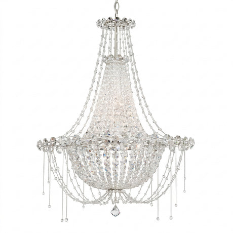 The Amara 6 Light K9 Crystal Large Chandelier in chrome features a teardrop-shaped center, cascading crystal strands, jeweled chains, and a radiant round base for an elegant sparkling display.