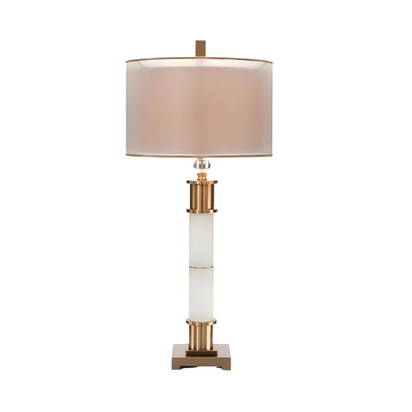 The Alverin 1 Light Segmented Alabaster Table Lamp in brass & soft white features a cylindrical beige shade, gold and white column base, and a square gold stand, displayed against a white background.