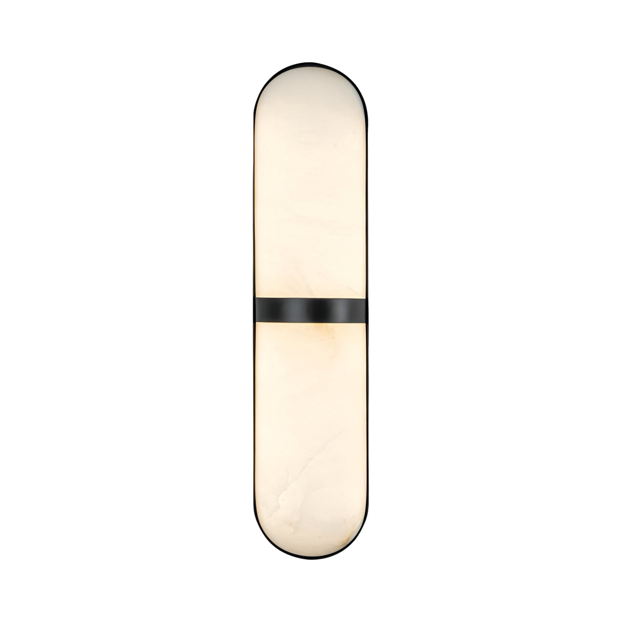 The Zantari LED Cylinder Alabaster Wall Light features an elongated oval shape, diffused soft white light, rounded ends, and a matte black accent band—all crafted from refined Spanish alabaster.
