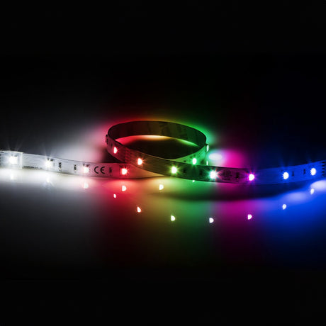 The 24V RGBW LED Strip Light - 1m displays vibrant RGB+Daylight 6000K colors, such as red, green, blue, and white against a dark surface. The IP20 strip is partially unrolled, showcasing the evenly spaced glowing LEDs along its length.