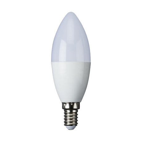 A single 5W E14 LED RGB & CCT Smart Candle Bulb with a candle shape and screw base is placed upright against a plain white background, featuring Wi-Fi connectivity for seamless integration into your smart home.