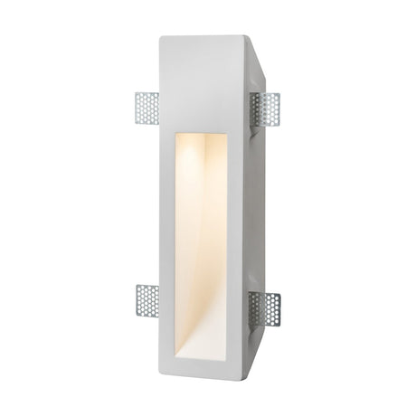 Introducing the Recessed Rectangular Plaster Wall Light: a contemporary fixture featuring a recessed glowing element. Its trimless flush plaster design ensures a sleek, seamless look, while the slim, elongated shape is enhanced by perforated metal brackets for easy mounting.