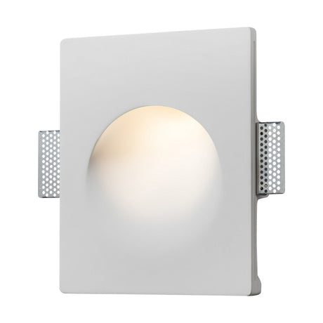 Introducing the Recessed Round Plaster Wall Light: a contemporary, square, white wall light with a circular center opening, crafted for indoor settings. Its trimless flush plaster design allows it to integrate effortlessly into walls, and it includes metal mounting brackets on the sides. The light is dimmable and provides a soft, warm illumination.