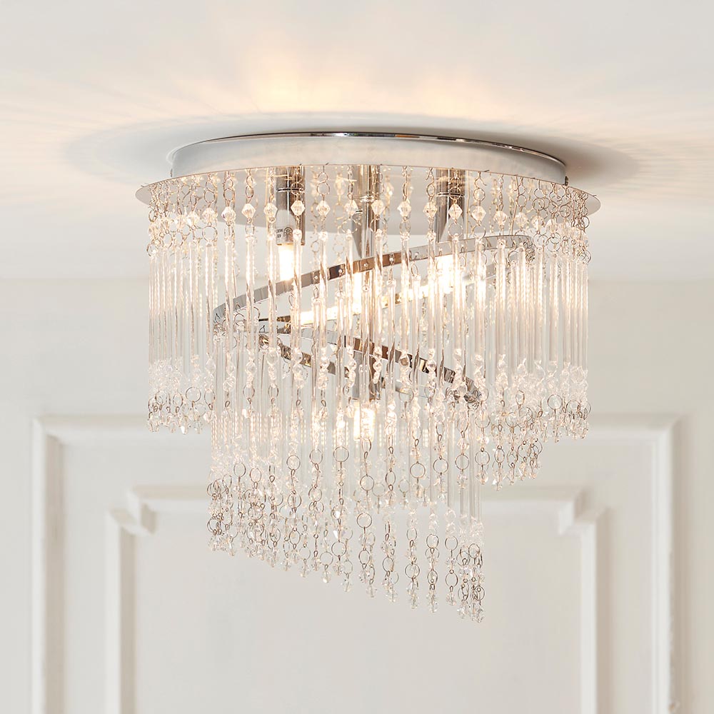 Vivienne 4 Light Flush Ceiling Light in polished chrome with cascading glass strands and crystal droplets, shown illuminated on a white ceiling.