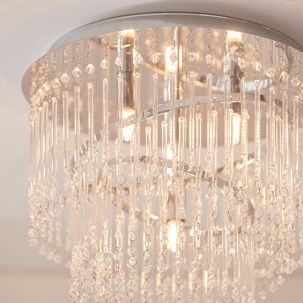 Vivienne 4 Light Flush Ceiling Light in polished chrome, close-up of glass strands and crystal beads with visible G9 bulbs and circular chrome frame.