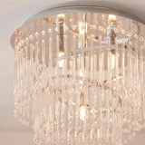 Vivienne 4 Light Flush Ceiling Light in polished chrome, close-up of glass strands and crystal beads with visible G9 bulbs and circular chrome frame.