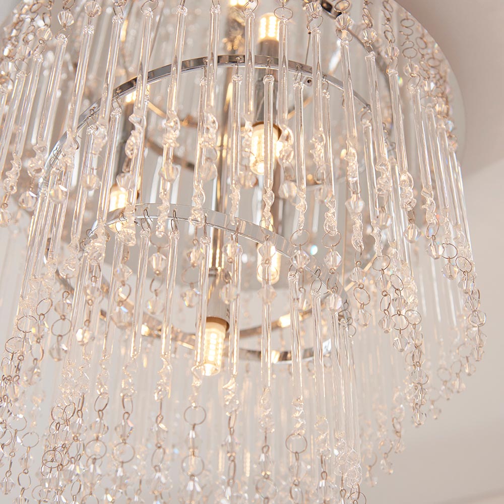 Vivienne 4 Light Flush Ceiling Light in polished chrome, close-up of tiered glass rods and crystal drops with visible G9 bulbs.