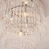 Vivienne 4 Light Flush Ceiling Light in polished chrome, close-up of tiered glass rods and crystal drops with visible G9 bulbs.