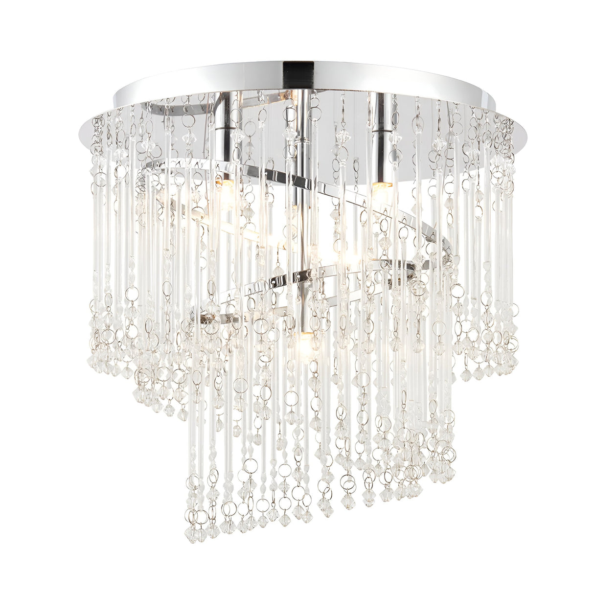 Vivienne 4 Light Flush Ceiling Light in polished chrome with cascading crystal glass strands, round canopy, shown on a plain white background.