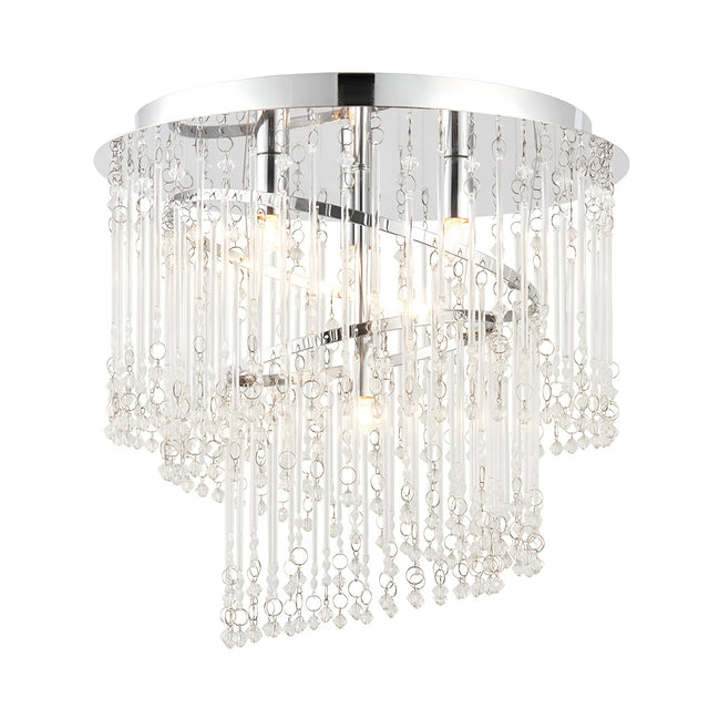 Vivienne 4 Light Flush Ceiling Light in polished chrome with cascading crystal glass strands, round canopy, shown on a plain white background.