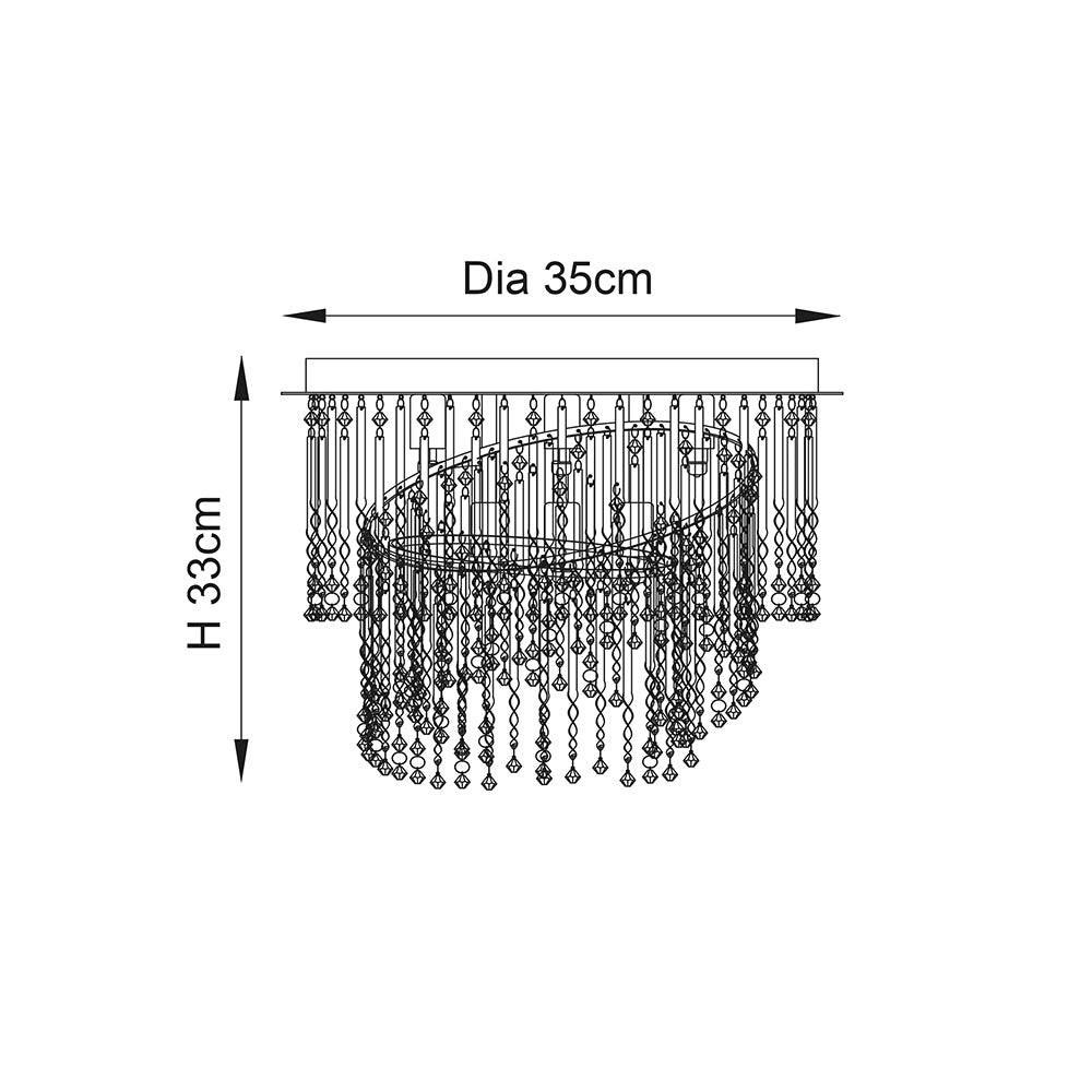 Line drawing of the Vivienne 4 Light Flush Ceiling Light in polished chrome, showing tiered glass drops with dimensions Dia 35cm x H 33cm.
