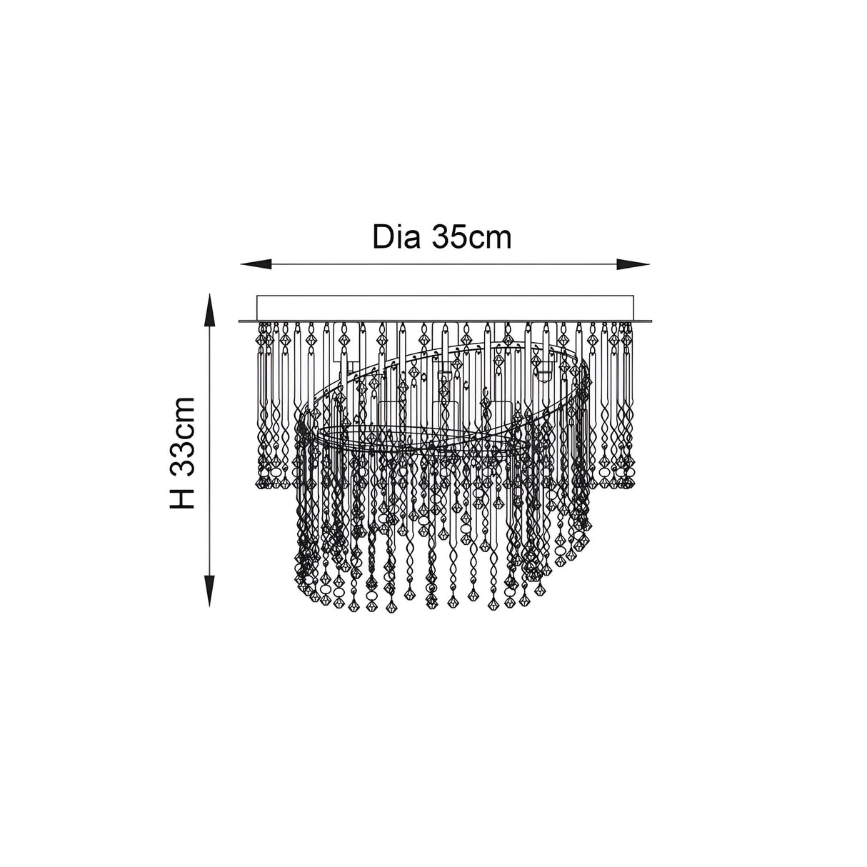 Vivienne 4 Light Flush Ceiling Light in polished chrome, glass strand tiers, dimension diagram showing 35cm diameter and 33cm height on white background.
