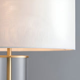 Close-up of the Endon Caldley table lamp showing the vintage white faux silk drum shade and satin brass fitting above the clear glass base.