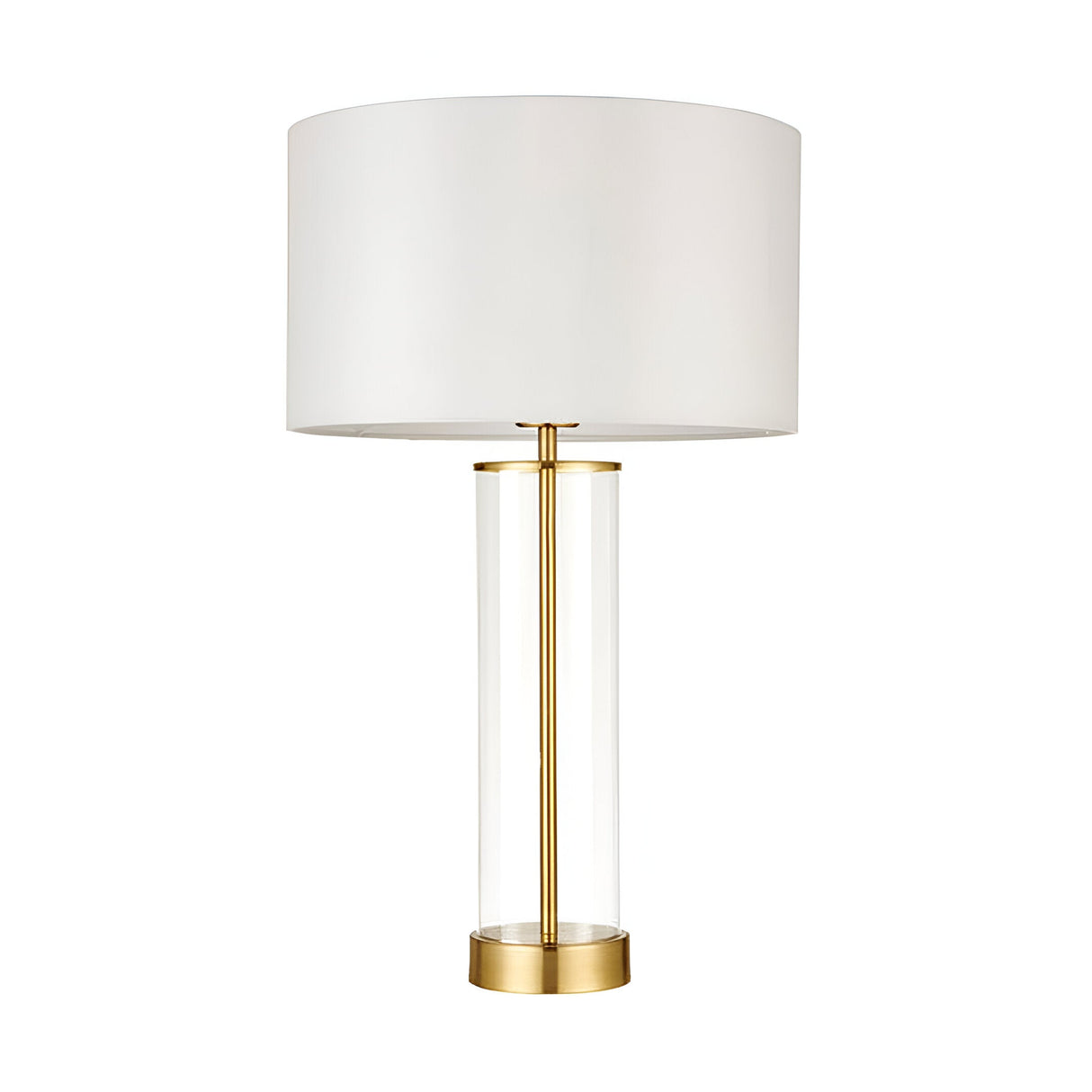 Endon Caldley table lamp with clear cylindrical glass base, satin brass fittings and white drum shade, shown on a plain white background.