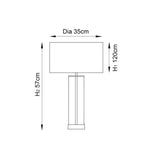 Dimension diagram of the Endon Caldley table lamp showing a 35cm shade diameter, 12cm shade height, and 57cm total height on a white background.