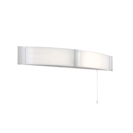 Endon Castmont LED bathroom shaver light with curved opal polycarbonate shade, chrome end panels and pull cord switch, on a white background.