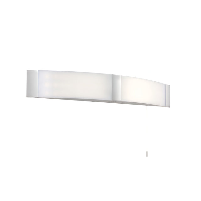 Endon Castmont LED bathroom shaver light with curved opal polycarbonate shade, chrome end panels and pull cord switch, on a white background.