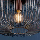 Castdale Cage Pendant in antique copper, close-up of the open wire cage shade with visible E27 bulb, set against a dark blue background.