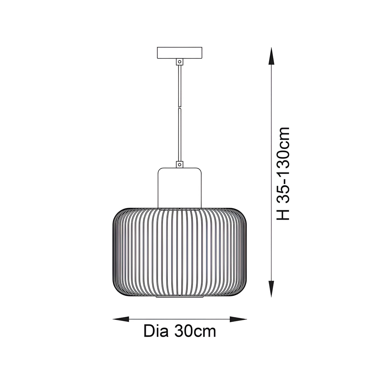Line drawing of the Castdale Cage Pendant in antique copper, showing a cylindrical cage shade, adjustable rod, and ceiling plate, 30cm dia, 35-130cm height.