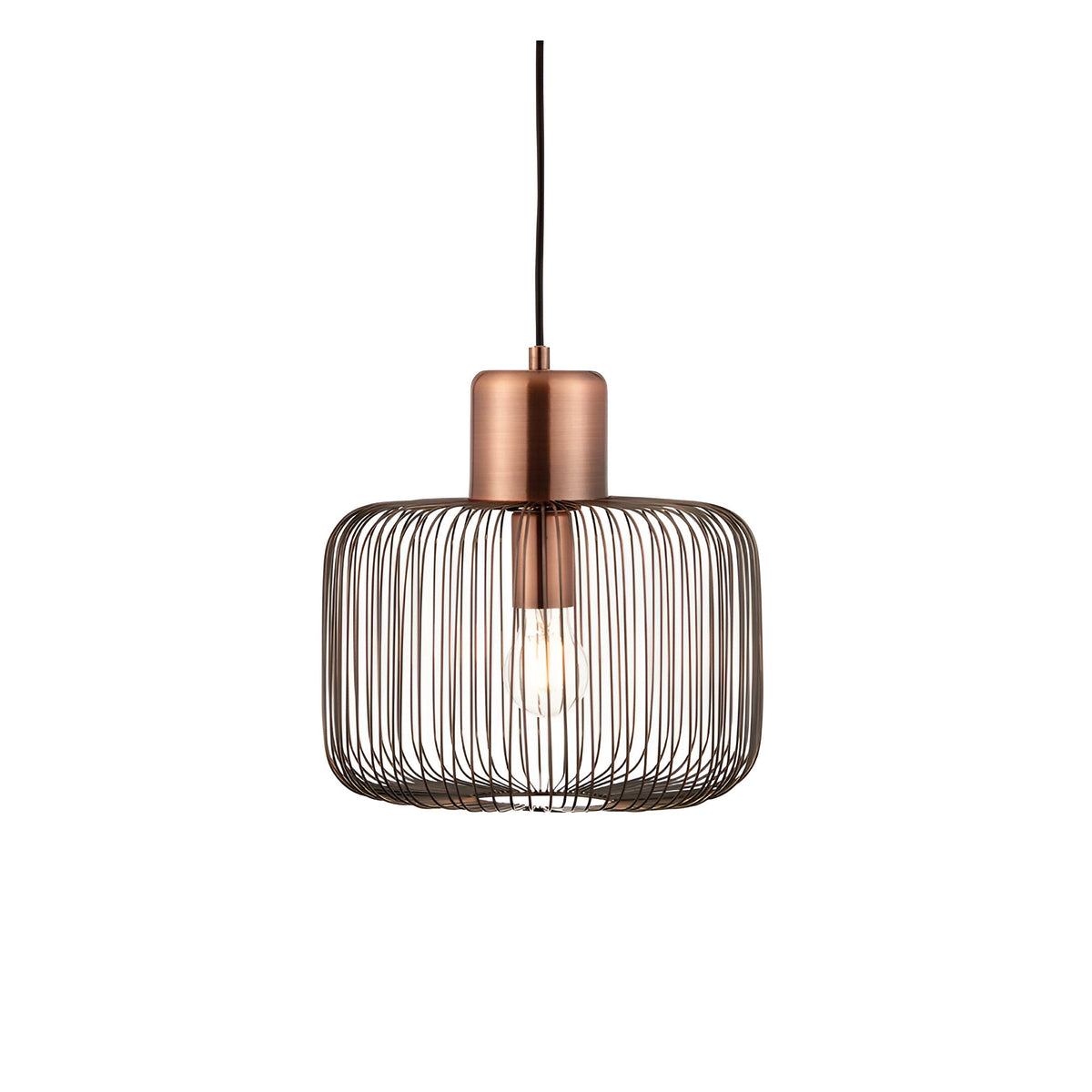 Castdale Cage Pendant in antique copper with a single-light open wire cage shade and exposed bulb, shown on a black flex against a plain white background.