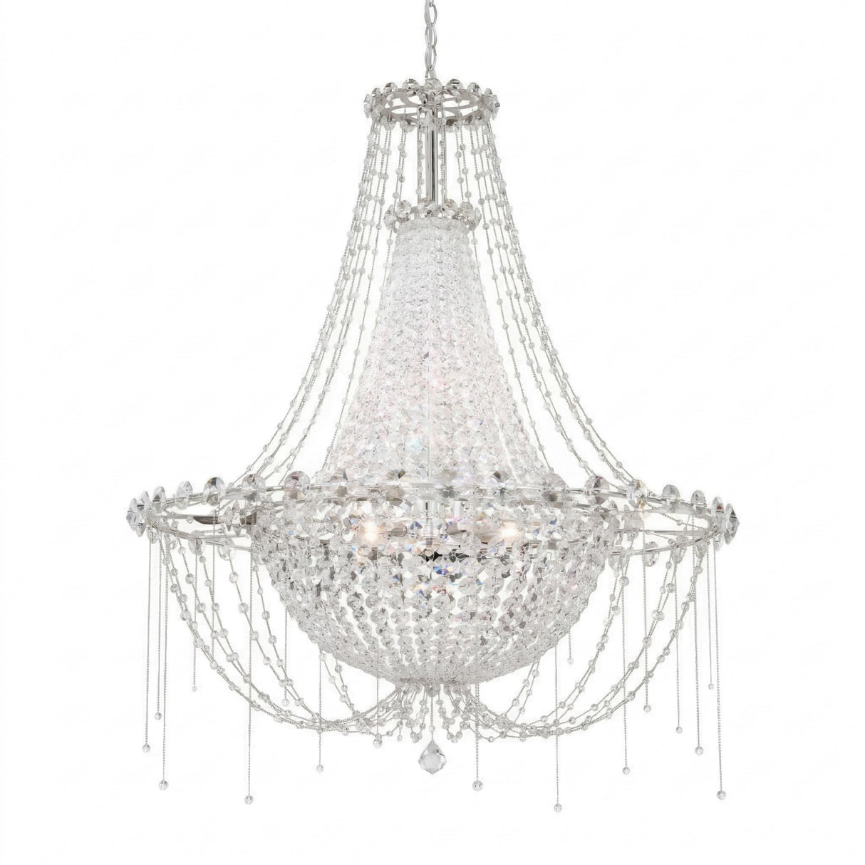The Amara 8 Light K9 Crystal Chandelier in Chrome features multiple strands of sparkling K9 crystal in a tiered design, hanging from a chain with a rounded base and integrated lights.