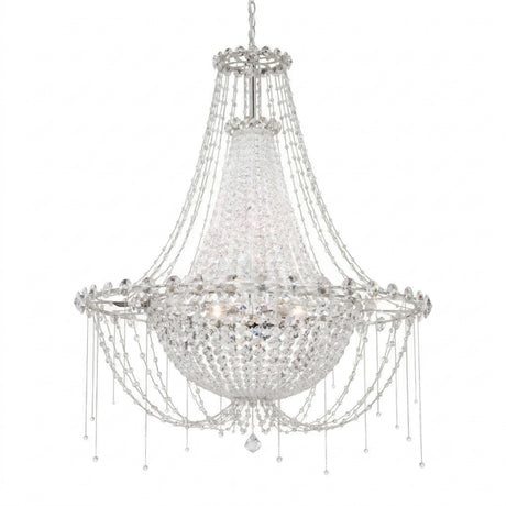 The Amara 8 Light K9 Crystal Chandelier in Chrome features multiple strands of sparkling K9 crystal in a tiered design, hanging from a chain with a rounded base and integrated lights.