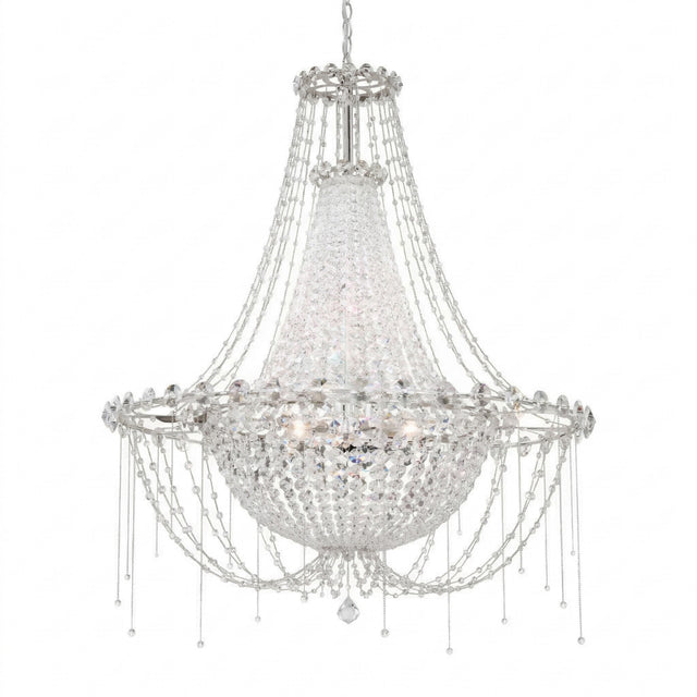 The Amara 8 Light K9 Crystal Chandelier in Chrome features multiple strands of sparkling K9 crystal in a tiered design, hanging from a chain with a rounded base and integrated lights.