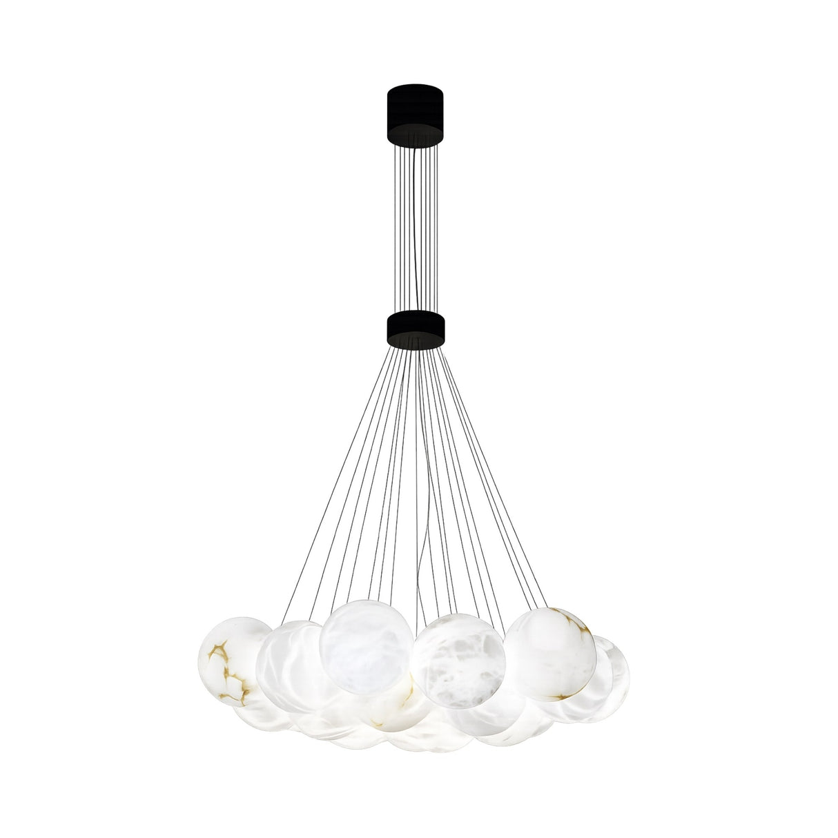 The Auriel 19 Light Alabaster Chandelier in Soft White & Black features marble-like glass globes suspended at various heights by thin black cables from a round black ceiling mount for a modern look.