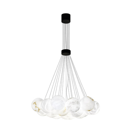 The Auriel 19 Light Alabaster Chandelier in Soft White & Black features marble-like glass globes suspended at various heights by thin black cables from a round black ceiling mount for a modern look.