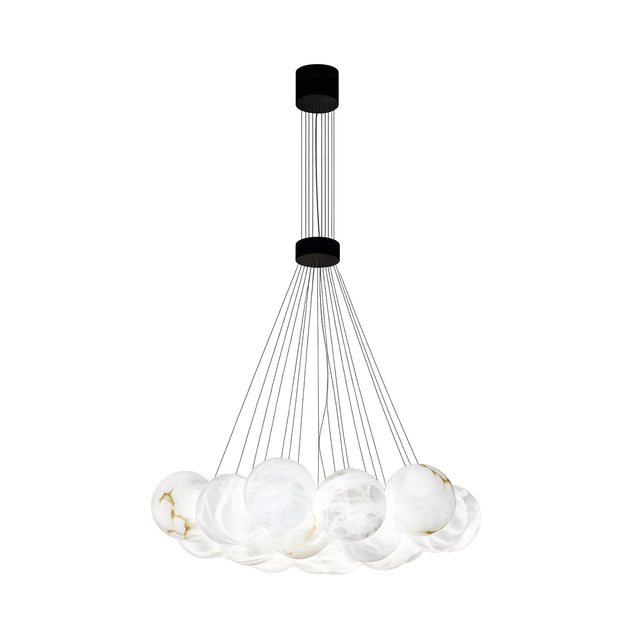 The Auriel 19 Light Alabaster Chandelier in Soft White & Black features marble-like glass globes suspended at various heights by thin black cables from a round black ceiling mount for a modern look.