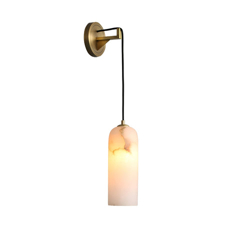 The Seradina 1 Light Alabaster Wall Light in soft white and brass features a cylindrical alabaster-effect glass shade on a round brass base, suspended by a black cord for a warm, modern glow.