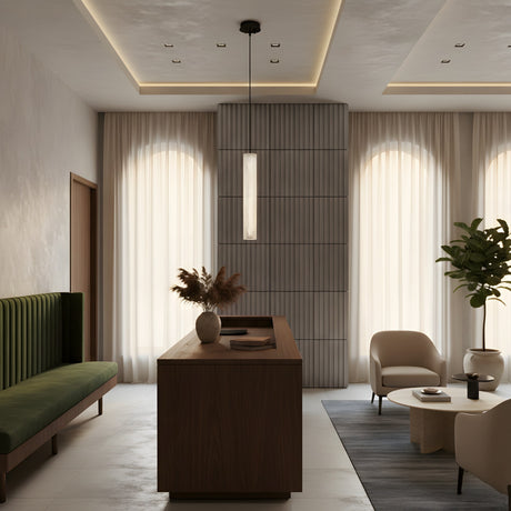 A modern minimalist office lobby features a wooden reception desk, green upholstered bench, light armchairs, round coffee table, potted plant, tall windows with sheer curtains—all enhanced by the Lucara LED Alabaster Single Pendant Light in Matte Black & Soft White.