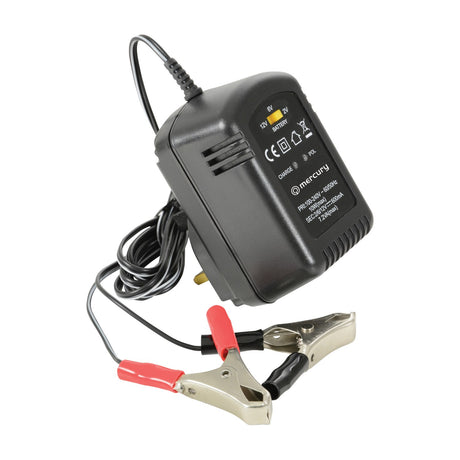 Mercury CHR004 2/6/12V lead acid battery charger with black casing, voltage switch, charge and polarity LEDs, and 1.8m lead with crocodile clips.