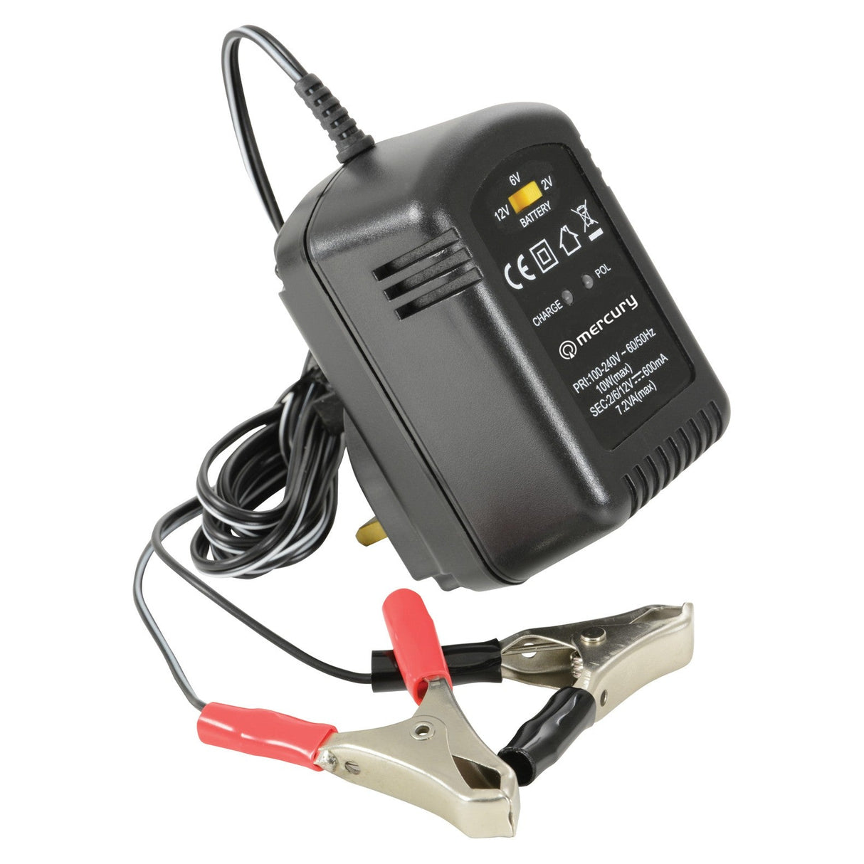 Introducing the Mercury 2/6/12V Lead Acid Battery Charger, a sleek black device equipped with a three-pin plug and attached cables. It comes with red and black alligator clips for easy connection. The charger is clearly marked with voltage settings and safety symbols, and it includes over current protection to ensure your safety and peace of mind.