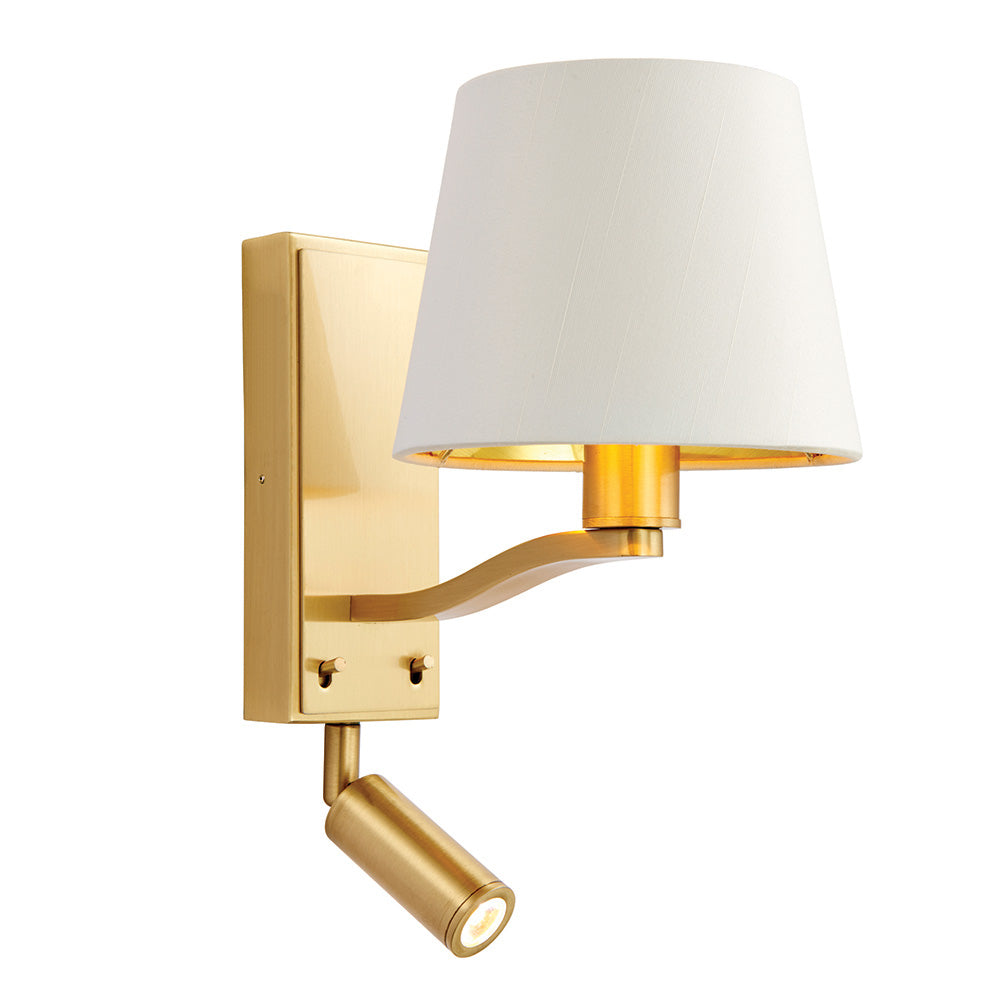 Brendale Wall Light in satin gold with a white faux silk shade, gold lining, adjustable LED reading spot, and dual switches, on a plain background.