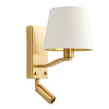 Brendale Wall Light in satin gold with white fabric shade, gold lining, adjustable LED reading spot, and dual switches, on a white background.