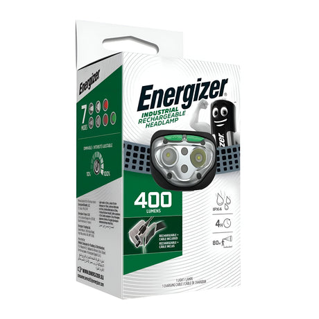 Box of an Energizer Industrial HD Vision Rechargeable LED Head Torch 400 Lumen featuring 400 lumens on the front. The packaging highlights VisionGuard technology, offers 7 modes, has an IPX4 rating, and boasts long battery life. Includes an illustration of a head torch and energy-saving icons.