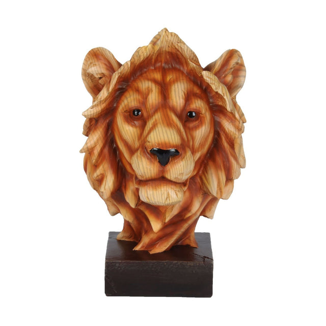Lion head figurine in wood-effect resin with tan and brown grain, layered mane, glossy eyes and black nose, mounted on a dark brown square base against a plain white background.